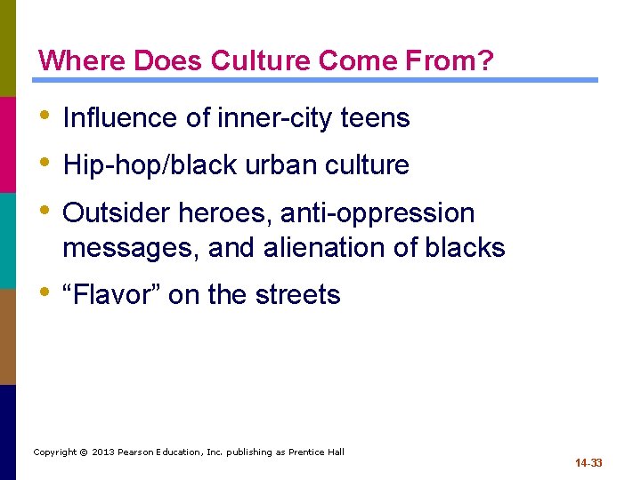 Where Does Culture Come From? • Influence of inner-city teens • Hip-hop/black urban culture