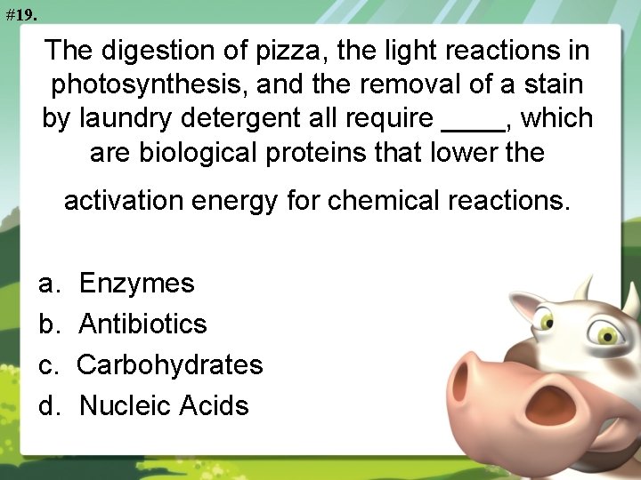 #19. The digestion of pizza, the light reactions in photosynthesis, and the removal of