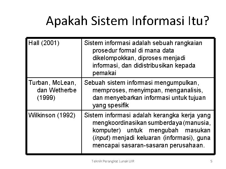Apakah Sistem Informasi Itu? Hall (2001) Sistem informasi adalah sebuah rangkaian prosedur formal di