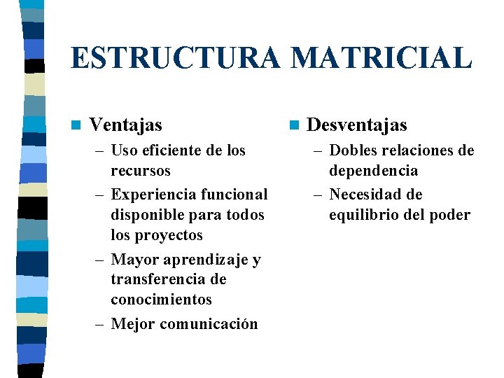 ESTRUCTURA MATRICIAL n Ventajas – Uso eficiente de los recursos – Experiencia funcional disponible ESTRUCTURA MATRICIAL n Ventajas – Uso eficiente de los recursos – Experiencia funcional disponible