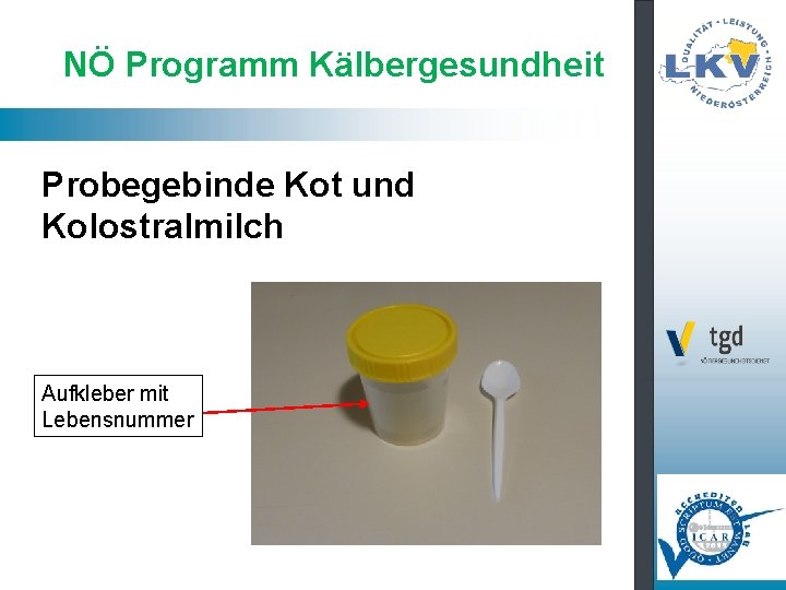 NÖ Programm Kälbergesundheit Probegebinde Kot und Kolostralmilch Aufkleber mit Lebensnummer 