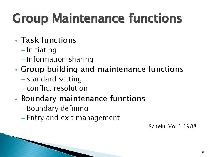 Group Maintenance functions • Task functions – Initiating – Information sharing • Group building