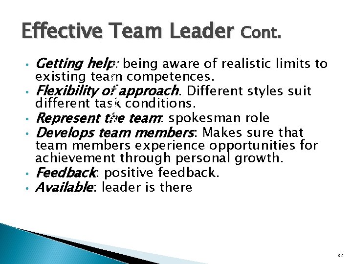 Effective Team Leader Cont. • • • Getting help: being aware of realistic limits