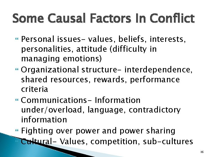 Some Causal Factors In Conflict Personal issues- values, beliefs, interests, personalities, attitude (difficulty in