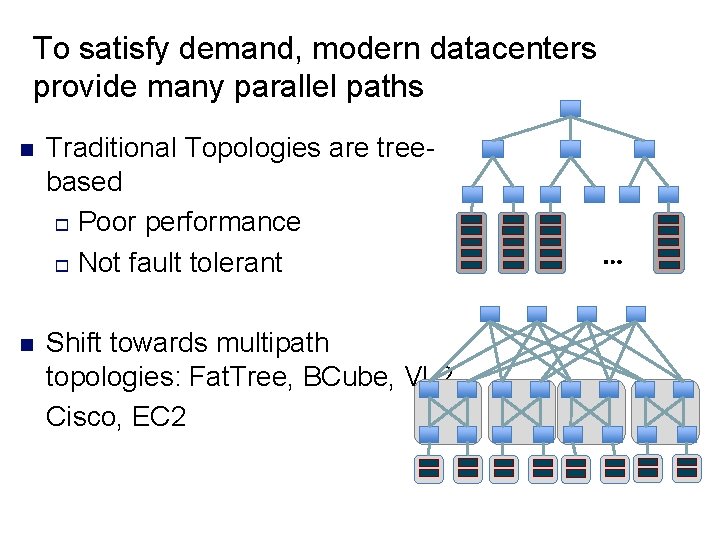 To satisfy demand, modern datacenters provide many parallel paths n n Traditional Topologies are