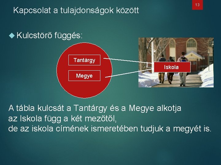 13 Kapcsolat a tulajdonságok között Kulcstörő függés: Tantárgy Iskola Megye A tábla kulcsát a