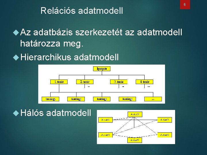 Relációs adatmodell 6 Az adatbázis szerkezetét az adatmodell határozza meg. Hierarchikus adatmodell Hálós adatmodell