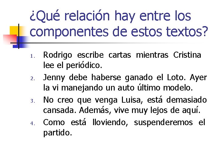 ¿Qué relación hay entre los componentes de estos textos? 1. 2. 3. 4. Rodrigo