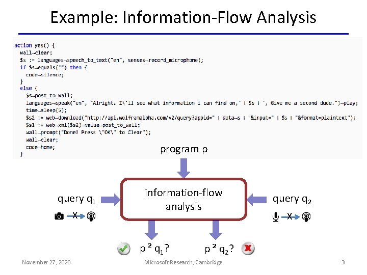 Example: Information-Flow Analysis program p query q 1 X information-flow analysis p ² q