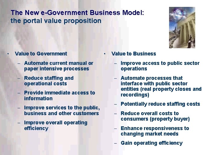 The New e-Government Business Model: the portal value proposition • Value to Government •