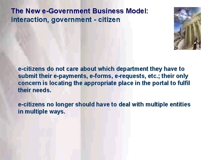 The New e-Government Business Model: interaction, government - citizen e-citizens do not care about