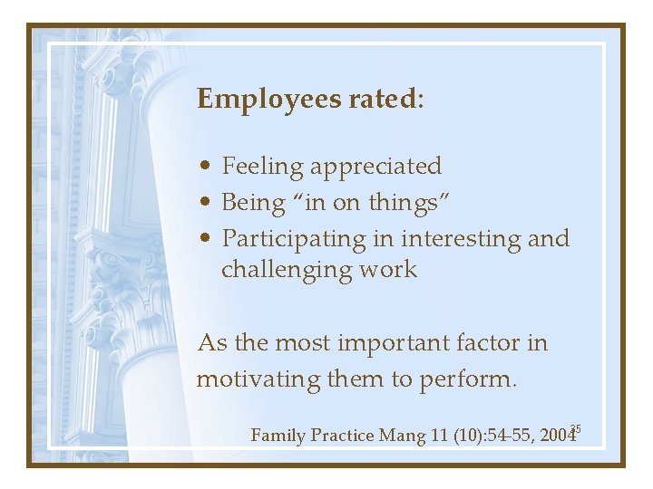 Employees rated: • Feeling appreciated • Being “in on things” • Participating in interesting