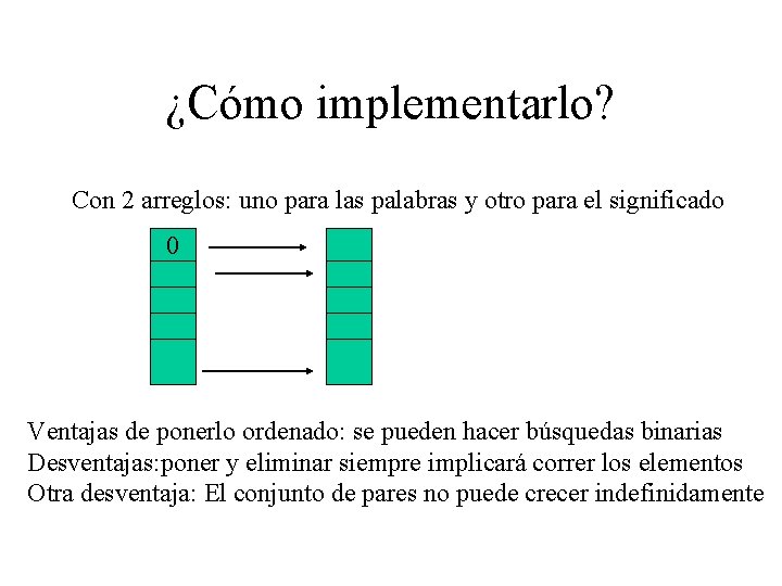¿Cómo implementarlo? Con 2 arreglos: uno para las palabras y otro para el significado