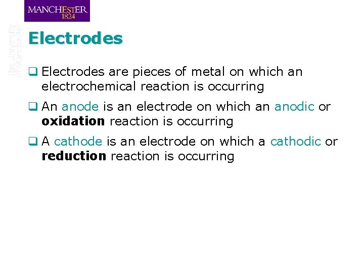 Electrodes q Electrodes are pieces of metal on which an electrochemical reaction is occurring