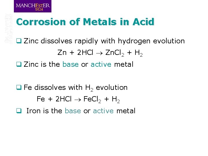 Corrosion of Metals in Acid q Zinc dissolves rapidly with hydrogen evolution Zn +