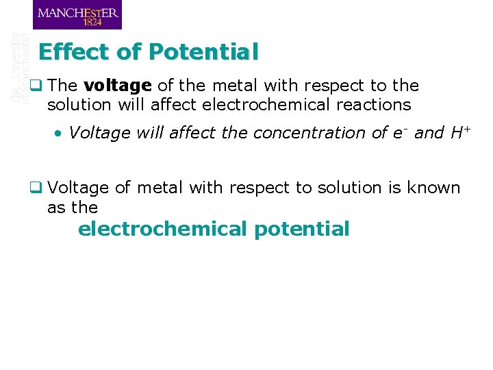 Effect of Potential q The voltage of the metal with respect to the solution
