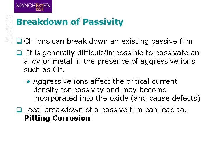Breakdown of Passivity q Cl- ions can break down an existing passive film q