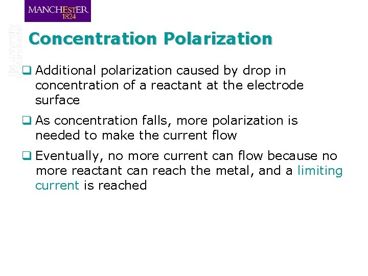 Concentration Polarization q Additional polarization caused by drop in concentration of a reactant at