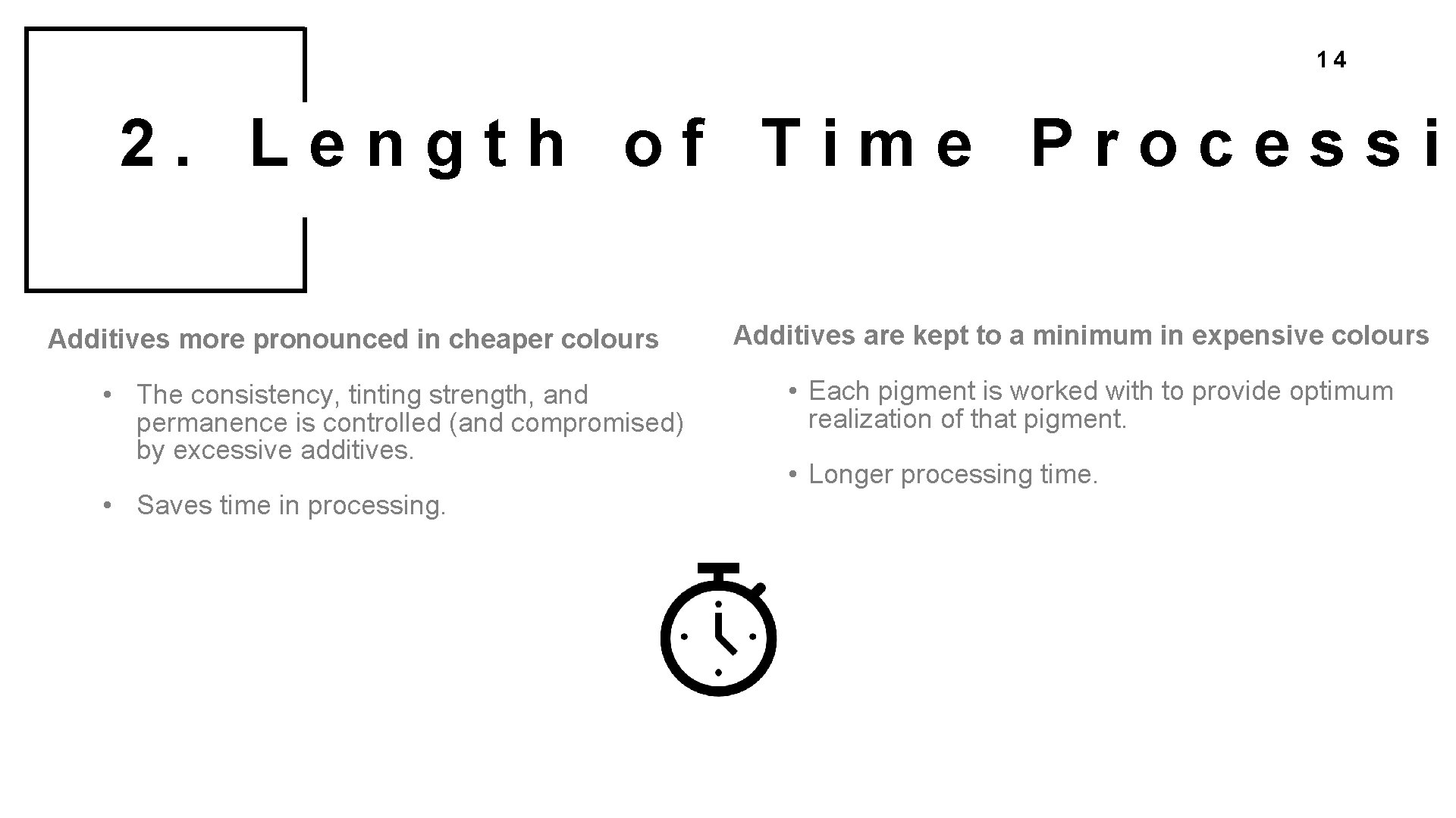 14 2. Length of Time Processi Additives more pronounced in cheaper colours • The