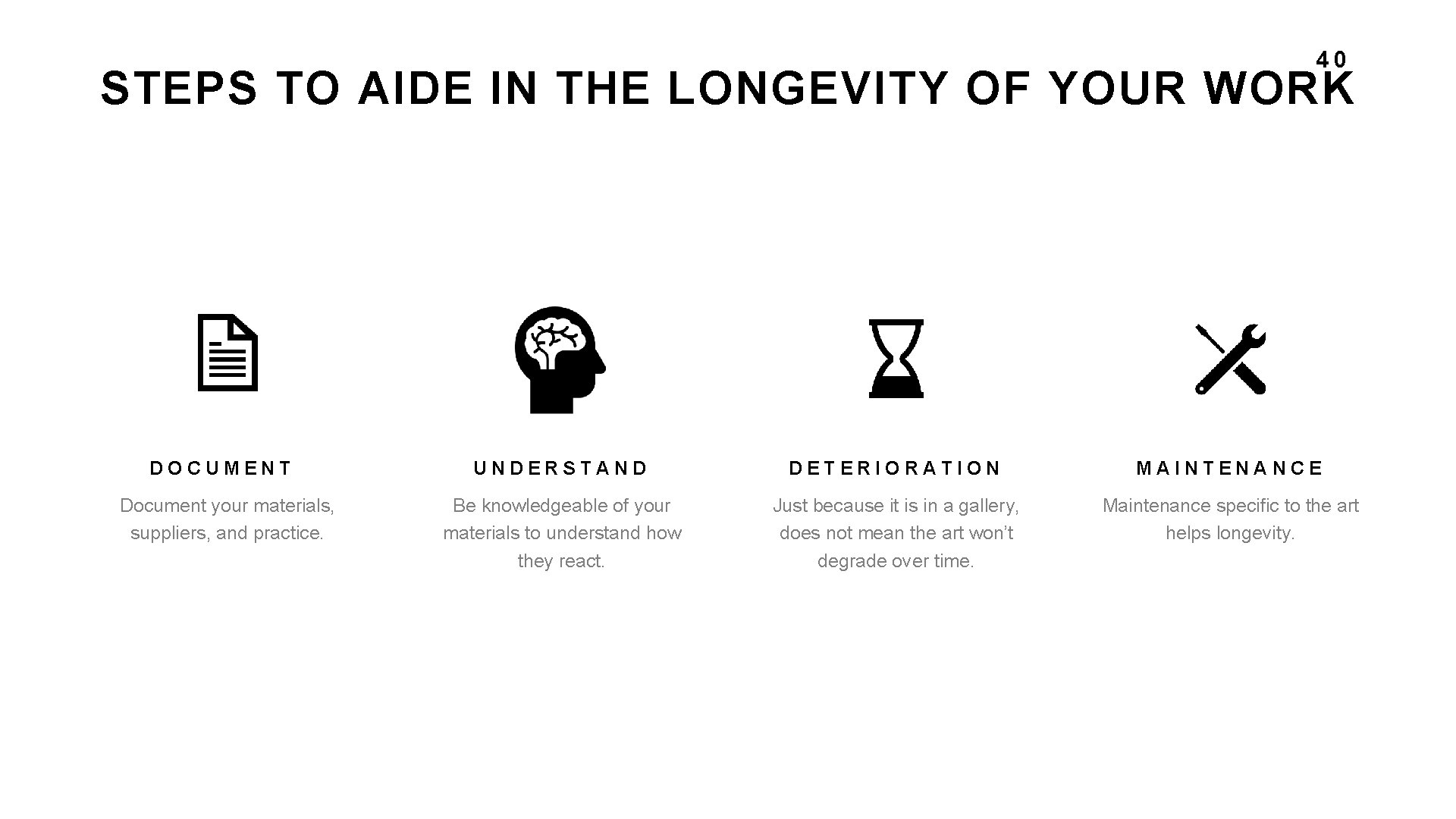 40 STEPS TO AIDE IN THE LONGEVITY OF YOUR WORK DOCUMENT Document your materials,