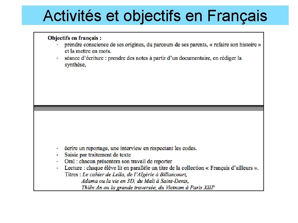 Activités et objectifs en Français 