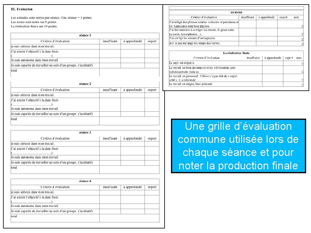 Une grille d’évaluation commune utilisée lors de chaque séance et pour noter la production