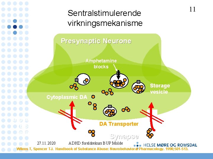 11 Sentralstimulerende virkningsmekanisme Presynaptic Neurone Amphetamine blocks vv Cytoplasmic DA Amphetamine blocks reuptake 27.