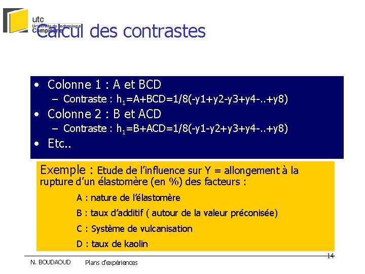 Calcul des contrastes • Colonne 1 : A et BCD – Contraste : h