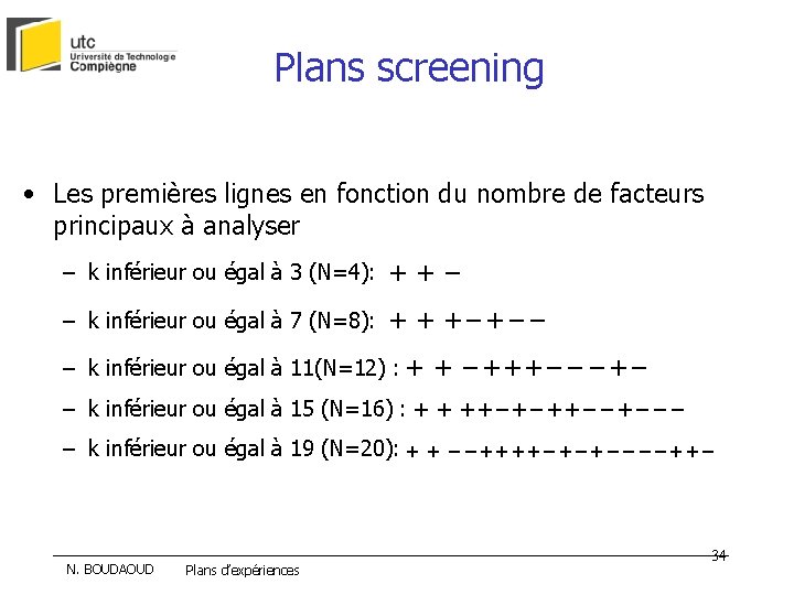 Plans screening • Les premières lignes en fonction du nombre de facteurs principaux à