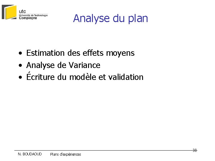 Analyse du plan • Estimation des effets moyens • Analyse de Variance • Écriture