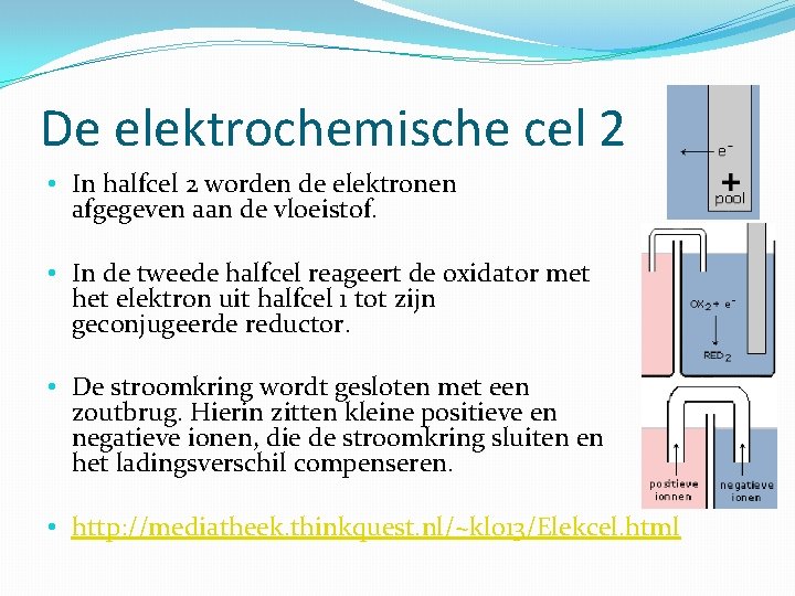 De elektrochemische cel 2 • In halfcel 2 worden de elektronen afgegeven aan de