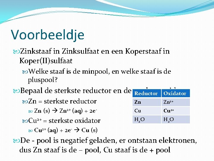 Voorbeeldje Zinkstaaf in Zinksulfaat en een Koperstaaf in Koper(II)sulfaat Welke staaf is de minpool,