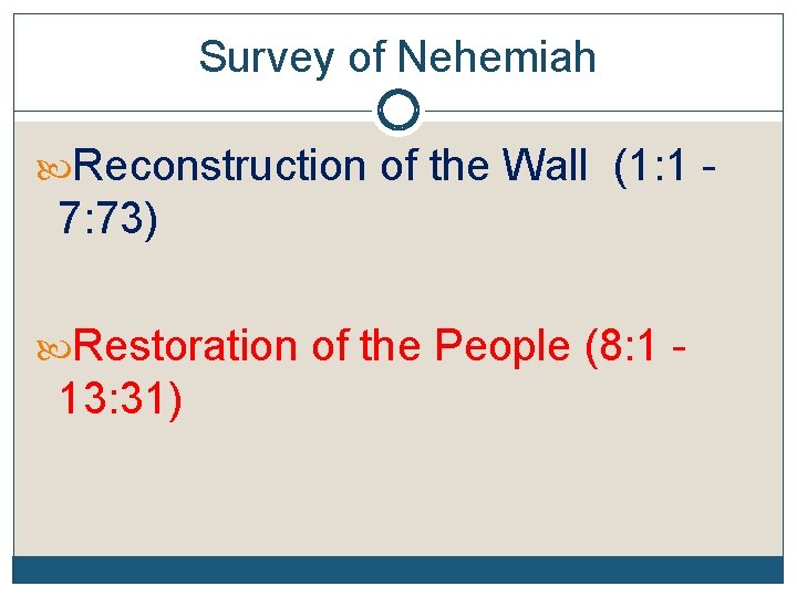 Survey of Nehemiah Reconstruction of the Wall (1: 1 - 7: 73) Restoration of