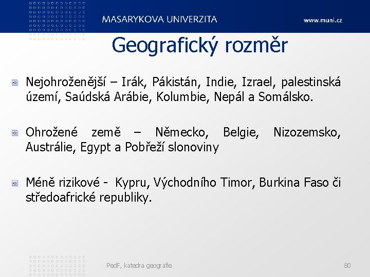 Geografický rozměr Nejohroženější – Irák, Pákistán, Indie, Izrael, palestinská území, Saúdská Arábie, Kolumbie, Nepál