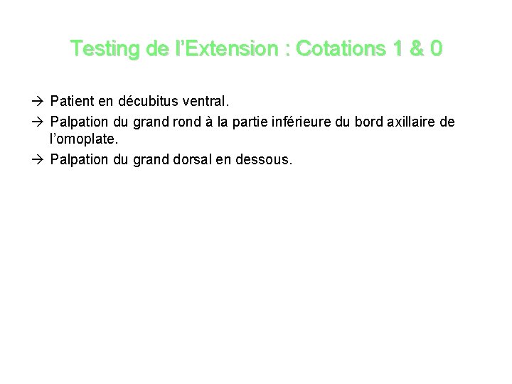Testing de l’Extension : Cotations 1 & 0 Patient en décubitus ventral. Palpation du