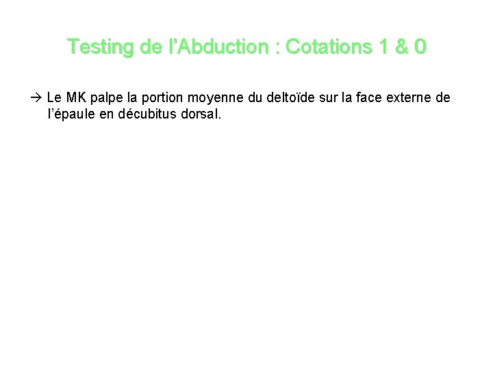 Testing de l’Abduction : Cotations 1 & 0 Le MK palpe la portion moyenne