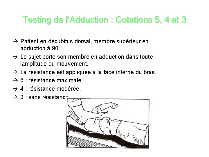 Testing de l’Adduction : Cotations 5, 4 et 3 Patient en décubitus dorsal, membre