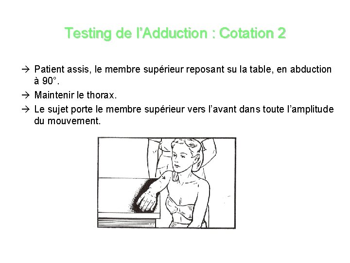 Testing de l’Adduction : Cotation 2 Patient assis, le membre supérieur reposant su la