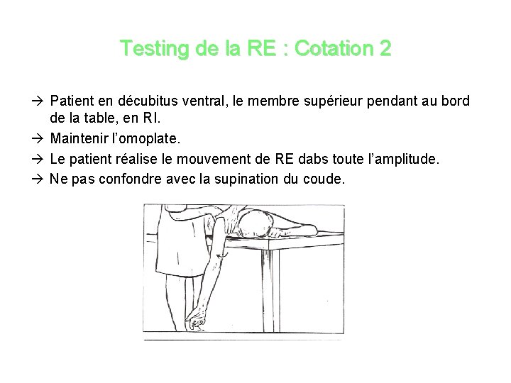 Testing de la RE : Cotation 2 Patient en décubitus ventral, le membre supérieur