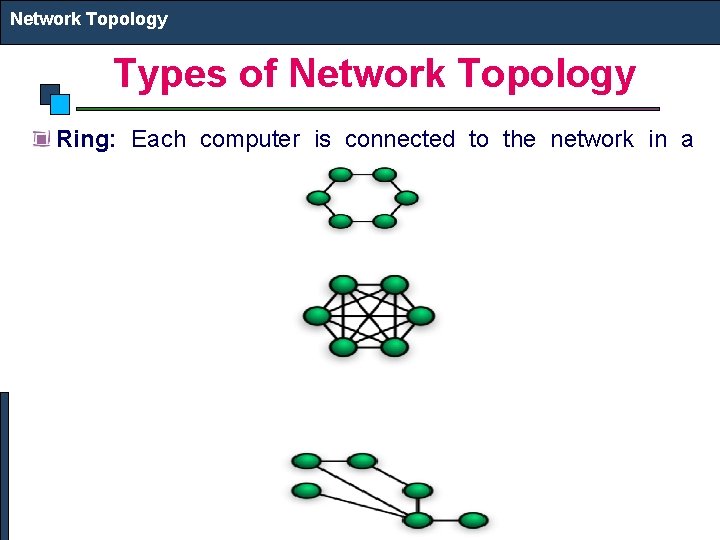 Network Topology Types of Network Topology Ring: Each computer is connected to the network