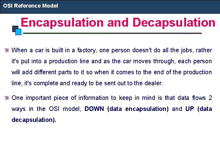OSI Reference Model Encapsulation and Decapsulation When a car is built in a factory,