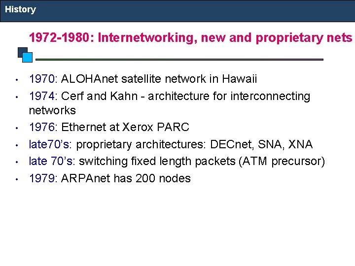 History 1972 -1980: Internetworking, new and proprietary nets • • • 1970: ALOHAnet satellite