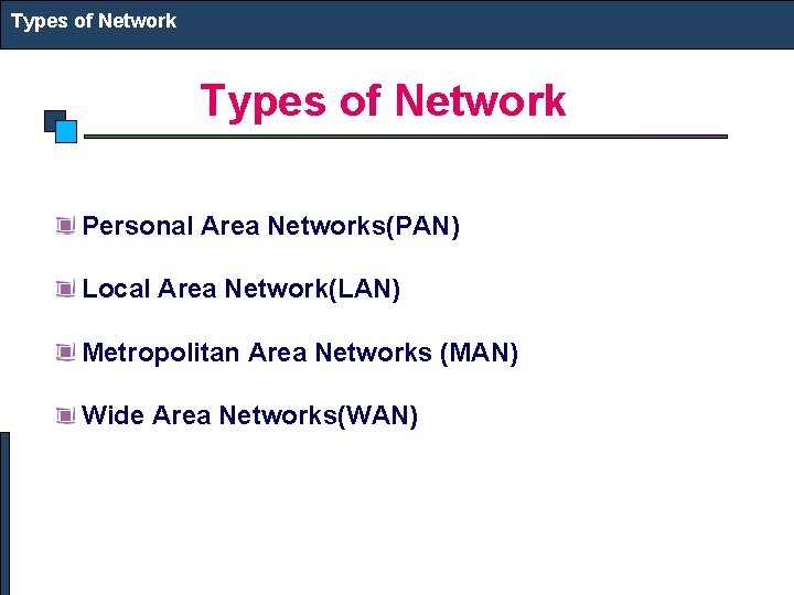 Types of Network Personal Area Networks(PAN) Local Area Network(LAN) Metropolitan Area Networks (MAN) Wide