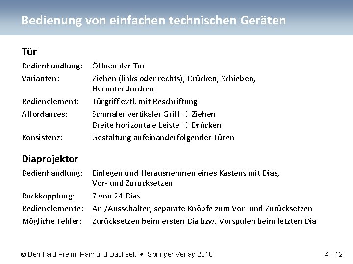 Bedienung von einfachen technischen Geräten Tür Bedienhandlung: Varianten: Bedienelement: Affordances: Konsistenz: Öffnen der Tür