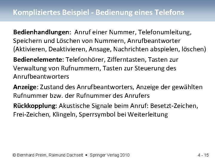 Kompliziertes Beispiel - Bedienung eines Telefons Bedienhandlungen: Anruf einer Nummer, Telefonumleitung, Speichern und Löschen