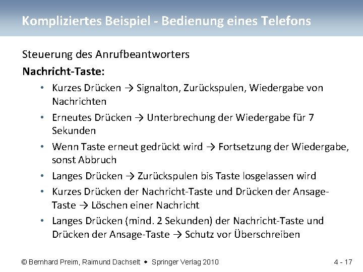 Kompliziertes Beispiel - Bedienung eines Telefons Steuerung des Anrufbeantworters Nachricht-Taste: • Kurzes Drücken →