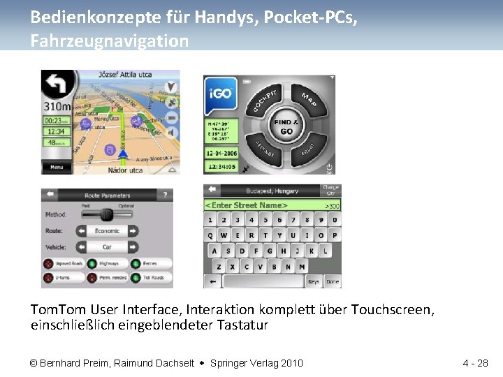 Bedienkonzepte für Handys, Pocket-PCs, Fahrzeugnavigation Tom User Interface, Interaktion komplett über Touchscreen, einschließlich eingeblendeter