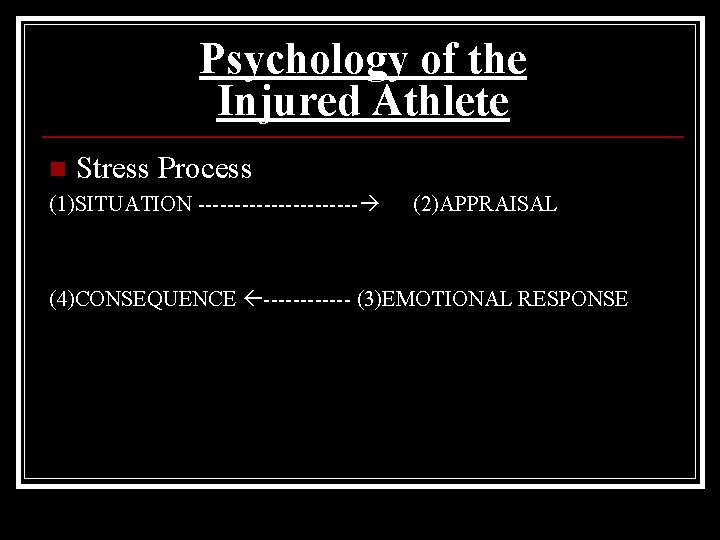 Psychology of the Injured Athlete n Stress Process (1)SITUATION ----------- (2)APPRAISAL (4)CONSEQUENCE ------ (3)EMOTIONAL