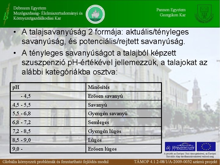  • A talajsavanyúság 2 formája: aktuális/tényleges savanyúság, és potenciális/rejtett savanyúság. • A tényleges