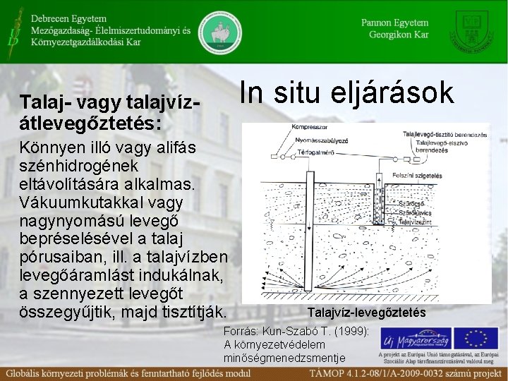 In situ eljárások Talaj- vagy talajvízátlevegőztetés: Könnyen illó vagy alifás szénhidrogének eltávolítására alkalmas. Vákuumkutakkal